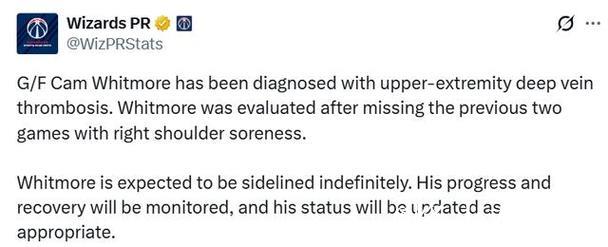 惠特莫尔赛季报销确定 肩部血栓康复治疗已启动